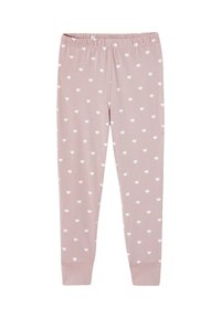 Pink leggings made of soft material, featuring a pattern of small white hearts, with a stretchable waistband and fitted cuffs.