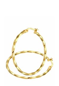 Zlaté skrútené kruhové náušnice s lesklým povrchom. Obsahujú zapínanie na sponu a tekutý, spirálový dizajn, ktorý zvyšuje ich vizuálny záujem.