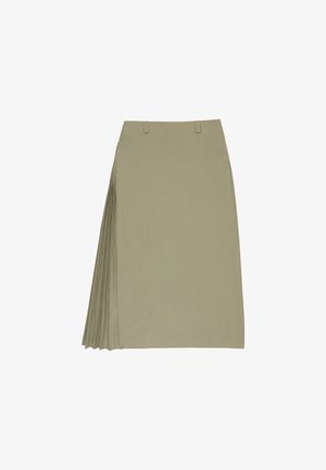 Knee-length beige skirt with a straight fit and left side pleated detail, featuring belt loops at the waistband.