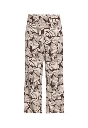 Pantalon à jambes larges avec taille haute, fond brun foncé et motif abstrait beige en forme d'éventail sur toute la surface.