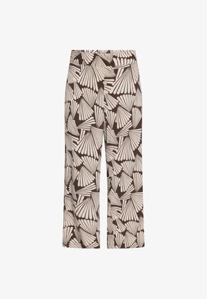 Pantalon à jambes larges avec taille haute, fond brun foncé et motif abstrait beige en forme d'éventail sur toute la surface.