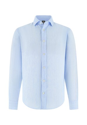Lyseblå skjorte med lange ærmer, knapper foran og subtile lodrette striber samt klassisk krave, vist på en hvid baggrund.