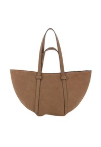 Borsa a tote in suede marrone con una forma ampia e arrotondata, doppie maniglie lunghe e design minimalista; presenta una trama liscia e nessun hardware visibile.