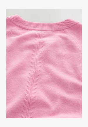 Heled roosa kampsun, millel on soonikkoesega kaelus ja struktureeritud õmblus, mis jookseb selja peal. Kangas on pehme ja rafineeritud välimusega.