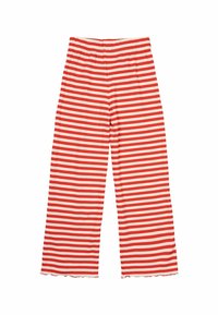 Rood-witte gestreepte wijde broek met een elastische tailleband en een geribbelde textuur. Afgewerkt met een golvende zoom.