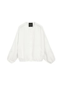 White long-sleeve blouse with round neckline, lace details on sleeves, elastic waistband, and hidden button closure.