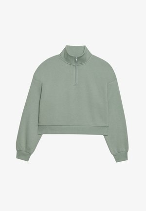 Kerge roheline lühikeste varrukatega sviiter kõrge kraega ja poole luku sulgemisega. Omab pikki varrukaid ja pehmet, tekstuurset kanga.