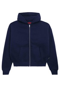 Marineblå zip-up hoodie lavet af blød bomuldsblanding. Har en front kangaroo lomme, ribbede manchetter og en rummelig hætte.
