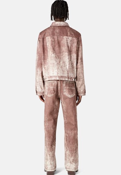 Brown and cream marbled denim jacket and pants set. Features a classic collar, front pockets, and straight leg cut. Textured fabric and stitching.