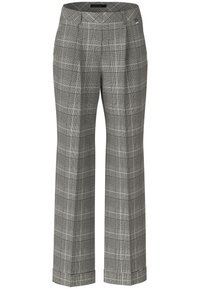 Grau und schwarze Karottenhose mit einem weiten Beinansatz, ausgestattet mit Vorderfalten und einer glatten Textur, abgerundet mit einem dezenten Saumdetail.