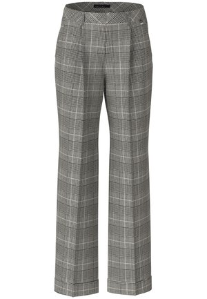 Grau und schwarze Karottenhose mit einem weiten Beinansatz, ausgestattet mit Vorderfalten und einer glatten Textur, abgerundet mit einem dezenten Saumdetail.