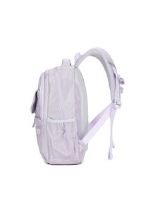 Sac à dos lilas avec un extérieur texturé, des bretelles ajustables, plusieurs compartiments zippés et une poche en mesh sur le côté.