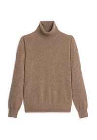 Bruine coltrui gemaakt van zachte brei stof, met lange mouwen en geribde manchetten. Eenvoudig ontwerp zonder zichtbare patronen of accenten.