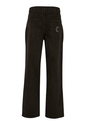 Black wide-leg jeans made of denim with a smooth texture. Features two back pockets and a decorative logo patch on the waistband.