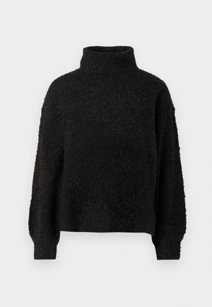 Svart turtleneck-tröja, tillverkad av texturerat material, med långa ärmar och en lös passform. Enkel design utan synliga mönster eller detaljer.