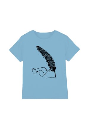 Light blue t-shirt with black design of a quill pen writing and round glasses resting beside it.