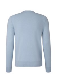 Hellblauer Strickpullover mit rundem Ausschnitt, langen Ärmeln, geripptem Saum und Bündchen. Glatte Textur ohne sichtbare Muster oder Akzente.