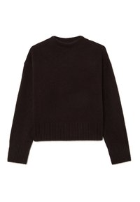 Dunkelbrauner, gestrickter Pullover mit Rundhalsausschnitt, geripptem Saum und Ärmeln sowie einer lockeren Passform. Die Textur wirkt weich und leicht flauschig.