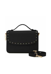 Borsa a tracolla sintetica nera con borchie dorate lungo il flap curvo, manico superiore, tracolla staccabile e logo del brand impresso sul davanti.