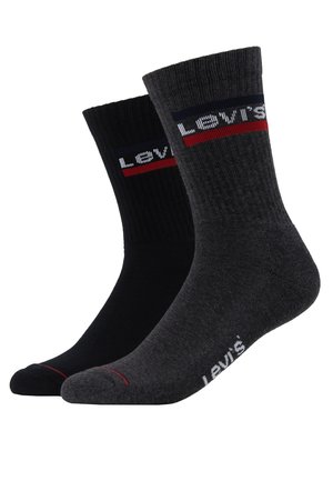 Baumwollmischungssocken in Schwarz und Dunkelgrau, gerippte Optik mit kontrastierenden Streifen, mit dem Levi's-Logo in Rot und Weiß am Bündchen.