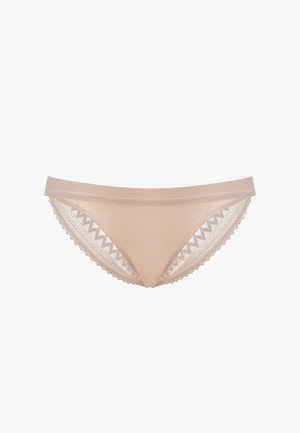 Hautfarbene Unterwäsche mit glatter Vorderseite und Spitzenverzierungen an den Seiten in Zickzack-Muster. Bietet ein minimalistisches Design.