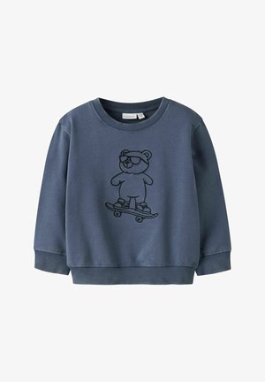 Sweat-shirt bleu pour enfants avec poignets et ourlet côtelés, présentant un contour noir d'un ours portant des lunettes de soleil et faisant du skateboard.