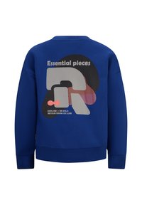Felpa blu con scollatura rotonda, polsini e orlo a coste. Presenta una grande grafica sul retro con testo e forme astratte in colori contrastanti.