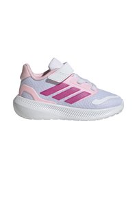 Viegls sporta apavu modelis baltā, rozā un violetā tīklojuma krāsā. Aprīkots ar Velcro siksnu un trim diagonālām svītrām uz sāniem. Teksturēta zole.