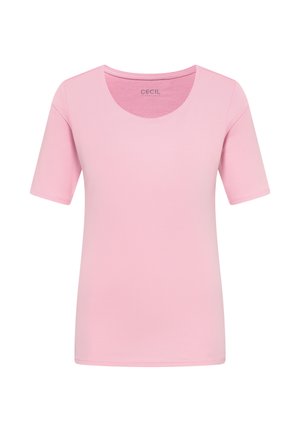T-shirt rosa a maniche corte con collo rotondo, realizzata in tessuto morbido, caratterizzata da un design semplice e senza motivi o accenti visibili.