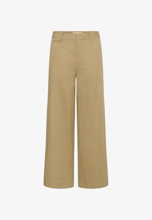 Pantalon large kaki avec passants pour ceinture, une poche passepoilée unique sur le devant à droite, et un design épuré et minimaliste.