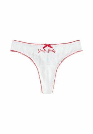 Hvid thong med røde detaljer, prydet med blondekant, broderet "Santa Baby" og en lille rød sløjfe foran.