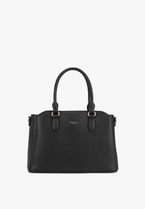 Sac à main noir structuré en cuir grainé, avec deux poignées supérieures, des accents de matériel doré et un logo de marque sur le devant.