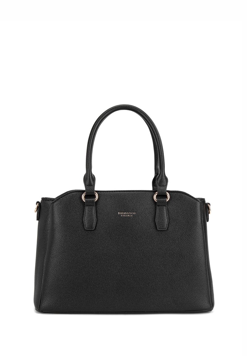 Borsa a mano strutturata nera in pelle a grana, con doppi manici superiori, dettagli in metallo dorato e logo del marchio sul davanti.