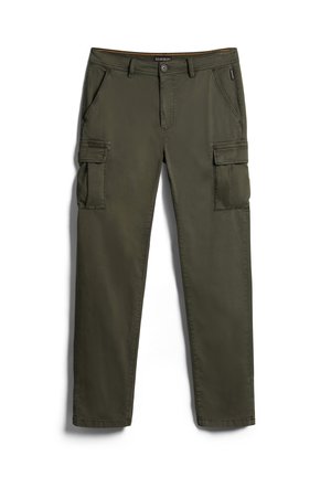 Olivgrüne Cargo-Hosen aus strapazierfähigem Material, ausgestattet mit seitlichen Taschen, einem Reißverschluss und einem geraden Beinschnitt mit Stichdetails.