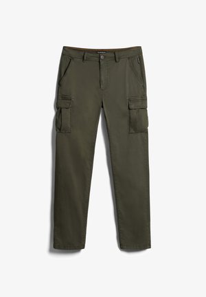 Pantaloni cargo verde oliva realizzati in tessuto resistente, con tasche laterali, zip frontale e un design a gamba dritta con dettagli di cucitura.