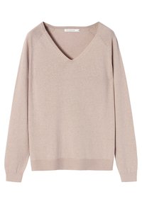 Sweter z dekoltem w serek w miękkim beżowym kolorze, wykonany z dzianiny. Posiada długie rękawy i prążkowany dół, o luźnym kroju i subtelnej fakturze.