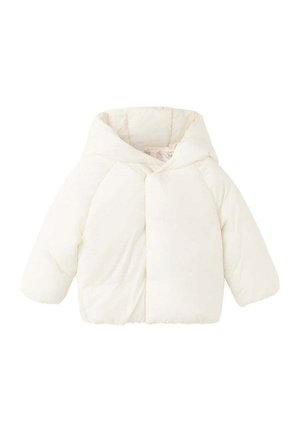 Chaqueta de invierno acolchada color marfil con mangas largas y cuello alto, diseñada para proporcionar calor y para uso invernal.
