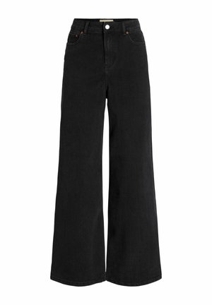 Jean noir taille haute à jambes larges, avec poches avant et arrière, fermeture à boutons et passants de ceinture.