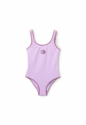 Lavendelfarvet badedragt i ét stykke med bølget kant og et lille lilla muslingedesign i midten af brystet.