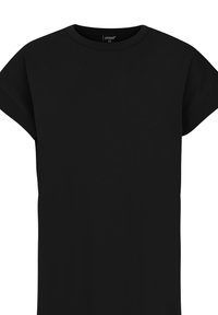 Czarny T-shirt wykonany z bawełny, z okrągłym dekoltem, krótkimi rękawami i luźnym krojem. Gładka tekstura bez widocznych wzorów.