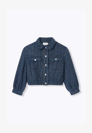 Veste en tweed à carreaux bleu et noir recadrée, manches longues, boutons argentés à l'avant, deux poches poitrine et col classique.