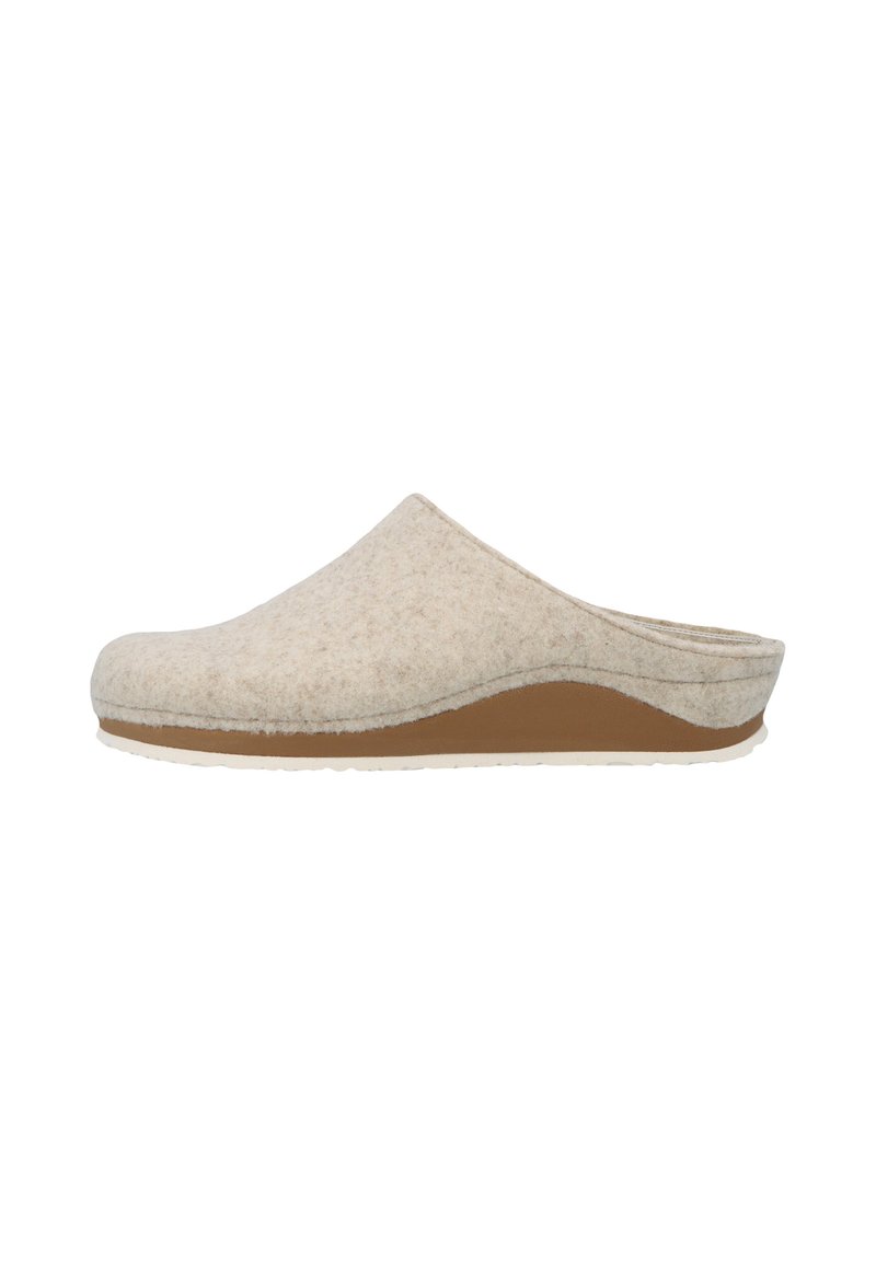 Beige Filzclogs mit einem leichten Absatz, runder Spitze und strukturiertem Obermaterial. Verfügt über eine gepolsterte Sohle und ein glattes braunes Innenfutter.