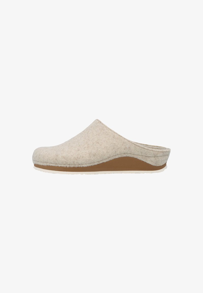 Beige felt clogs with a slight heel, rounded toe, and textured upper. Features a cushioned sole and smooth brown inner lining.
