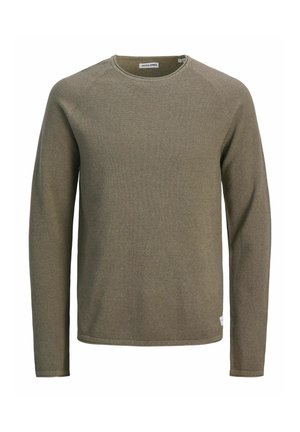 Olivgrüner Langarmpullover mit strukturierter Strickmusterung, rundem Ausschnitt sowie gerippten Bündchen an Ärmeln und Saum. Etikett am Kragen sichtbar.