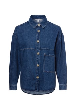 Denim shirt in dark blue with a classic collar, front button closure, wide sleeves, and a chest pocket. Stitching visible along edges.