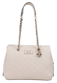 Ljusrosa syntetisk handväska med strukturerad form, präglat logomönster, dubbla kedje- och remhandtag samt detaljer i silverton.