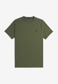 T-shirt in cotone verde oliva con collo rotondo, maniche corte e un piccolo logo sul petto. Tessuto liscio e vestibilità classica.