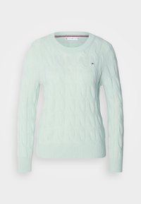 Pull bleu clair en maille torsadée à manches longues avec col rond et petit logo Tommy Hilfiger sur la poitrine.