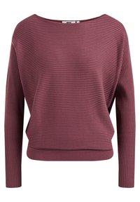 Pitkähihaista ribbiknittiä oleva neulepaita hillityssä purppurassa, jossa on veneen muotoinen pääntie ja tiukka vyötärölinja.