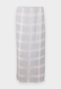 Duga, prozirna suknja u bijeloj boji s sivim kariranim uzorkom. Mekani, lagani materijal s elastičnom gumom u struku, završava do gležnjeva.